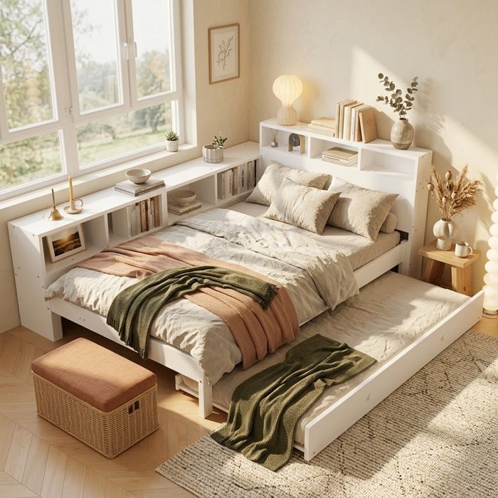 Canapé Lit 120x200cm avec Lit Gigogne 90x190cm Banquette Lit avec Étagère de Rangement Plateau de Tête de Lit et Station de Charge