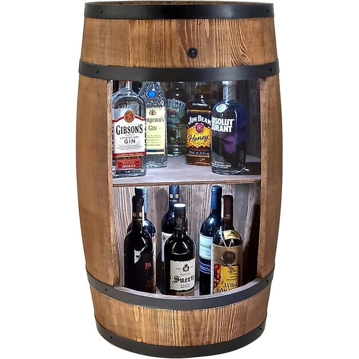 Armoire Bar Tonneau en Bois de Conifères Wenge Éclairage LED Hauteur 80 cm Rangement Bouteilles et Verres