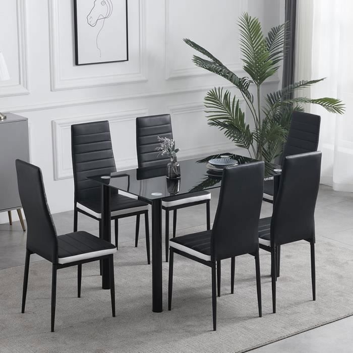 AKALNNY Lot de 6 chaises de salle à manger - Simili Noir avec des Bandes Blanche -Dossier incurvé - Style minimaliste Contemporain