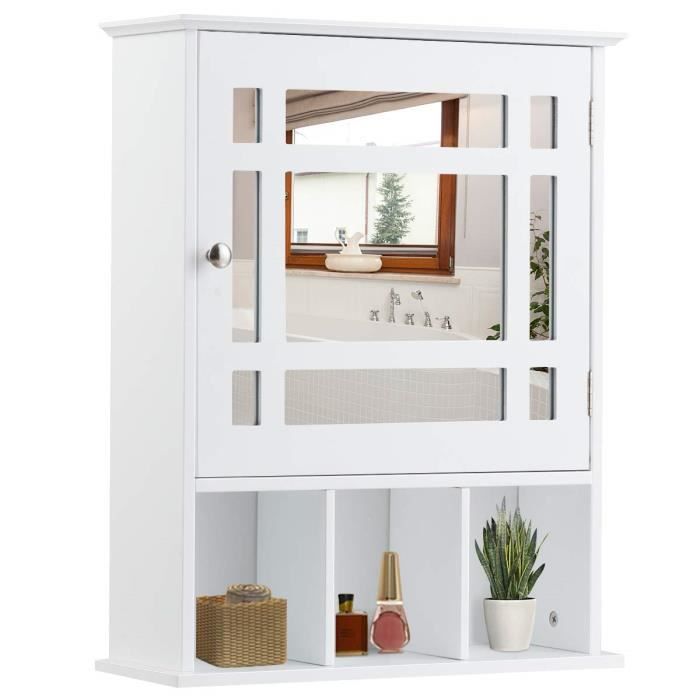 Giantex Armoire murale pour salle de bain avec porte simple et miroir 2 étagères internes et 3 étagères ouverts blanc