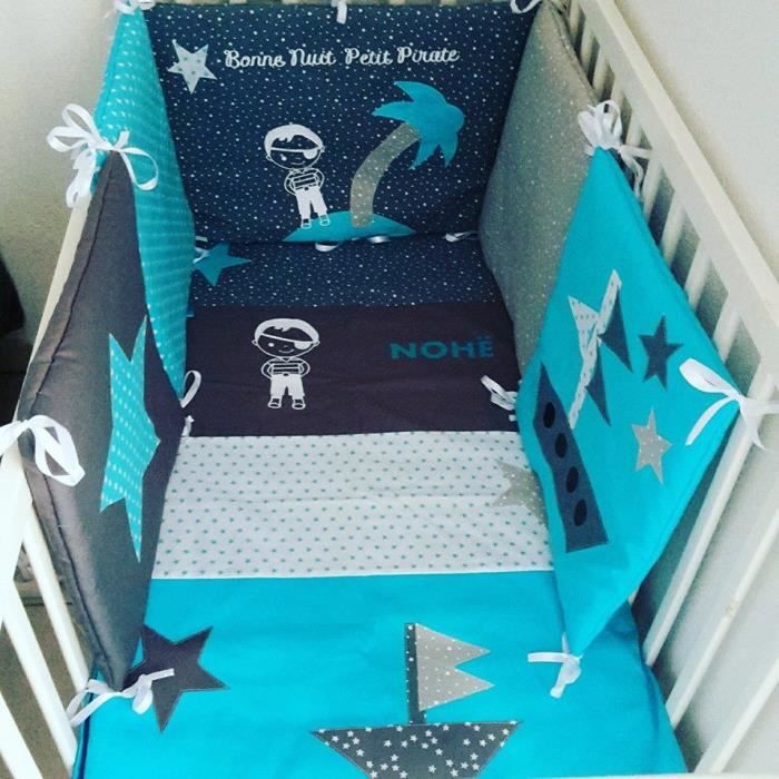 Ensemble Tour De Lit Bebe Et Couverture Theme Gris Turquoise Et Bleu Canard Etoilee Et Pirate Cdiscount Puericulture Eveil Bebe