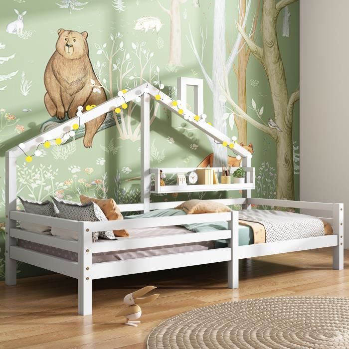 lit cabane lit tipi enfant 90 x 200 cm avec sommier et barrières, espace de rangement, bois massif de pin, contemporain, blanc