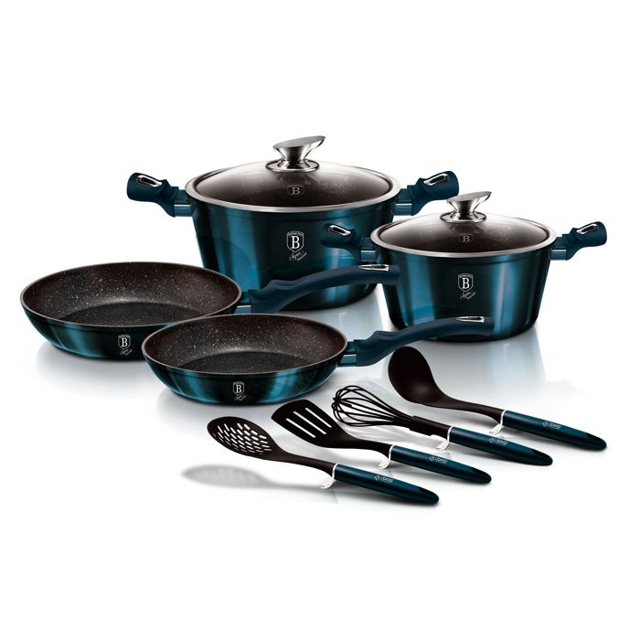 Batterie de Cuisine à Induction 10 Pièces Aluminium Antiadhésif sans PFOA Berlinger Haus Aquamarine  Bleu marine 07659