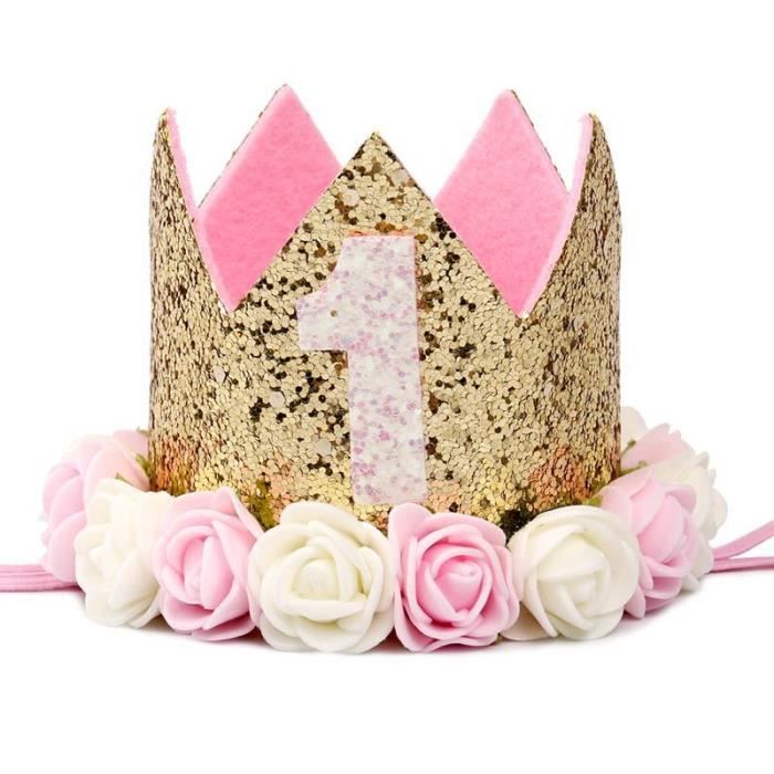 Chapeau Couronne 1er Anniversaire Bébé - Fleurs Et Paillettes - Rose - Accessoire Photo Fête - 9