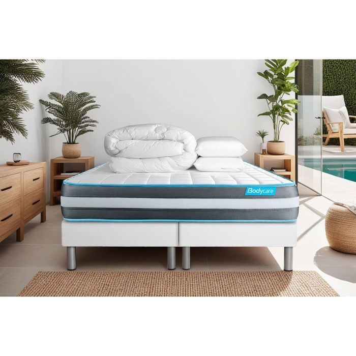 Ensemble sommier matelas 160x200 Bodyform Mémoire de forme - 20 cm - ferme - double sommiers blanc + 2 oreillers + couette