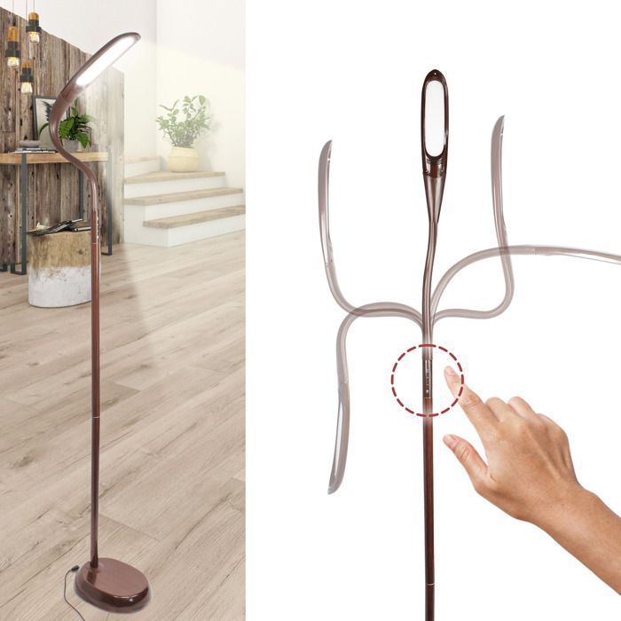 FISHTEC Lampadaire LED effet bois wengé - 3 couleurs 4 intensités tactile tête flexible 160 cm. Idéal salon et bureau.