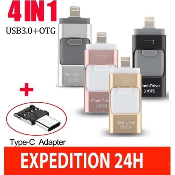 Clé USB 3.0 512 Go Compatible pour iPhone Flash Drive avec Connecteur Extension de Stockage Mémoire Stick pour iOS OTG Andriod Or