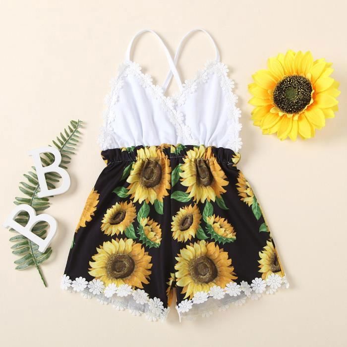 ANUFER 3 Pièces Fille Gamins Ensemble de Vêtements Brillante Jaune Tournesol Bébé Tenues Débardeurs Pantalons Courts Bandeau SN601C002 5-6 Ans