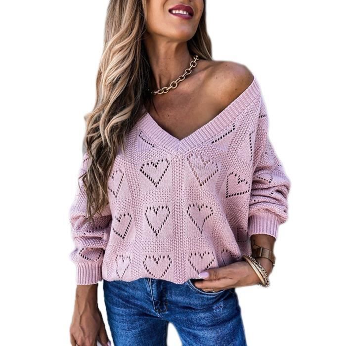 Pull Femme Col V Grande Taille Creux Forme Coeur Maille Ample Tricot Chandails Hiver Chaud Chic Elegant Couleur Unie Pull,Rose