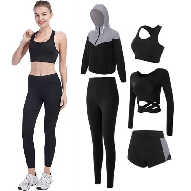 5 Pieces Femme Survêtement de Fitness Yoga Ensemble Tenue de Sport