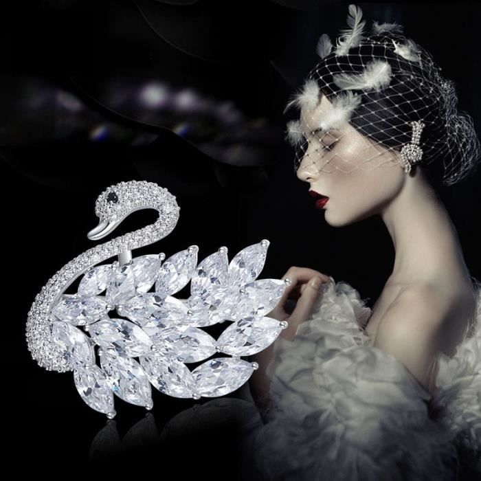 Broche Bijoux Femme - Cygne - Argent 925 Plaqué avec Zircone Cubique AAA Blanc - 40mm