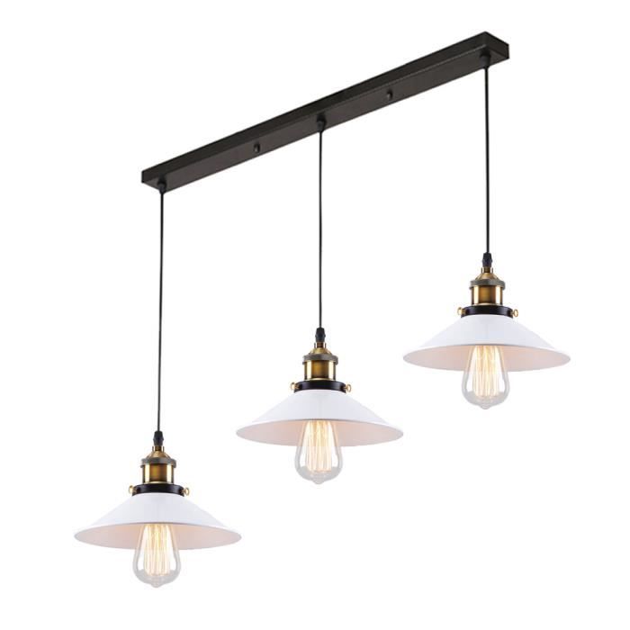 Lustre Industriel 3 Lampes Vintage - Abat-jour Métal Blanc E27