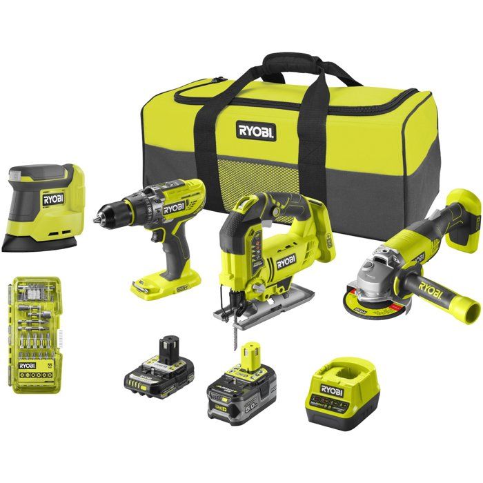 RYOBI Pack 4 outils ONE+ 18V perceuse à percussion + meuleuse + scie sauteuse + ponceuse + batt. 5Ah & 2Ah + sac R18CK4F