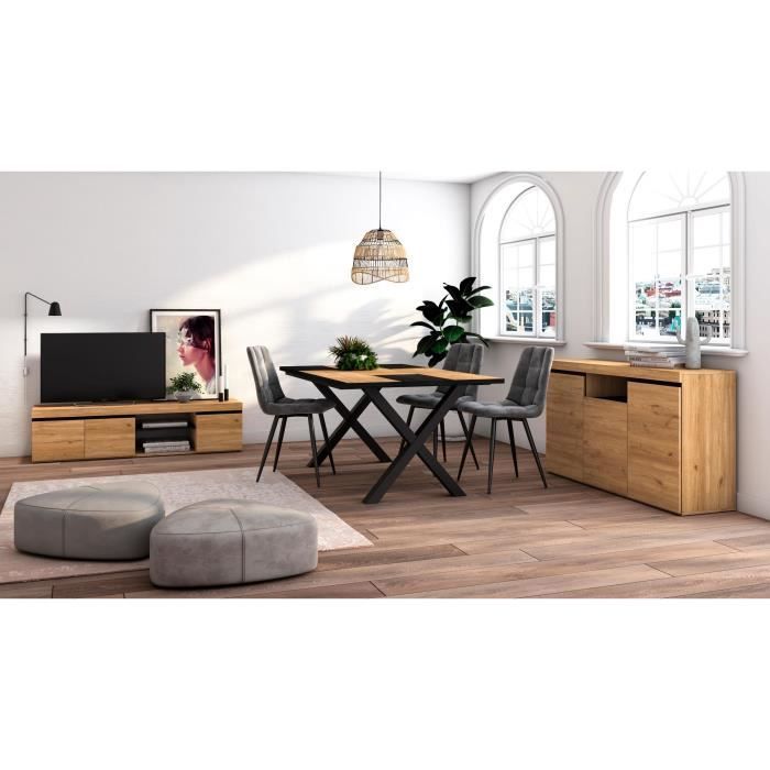 Ensemble de meubles de salon, Table 170 Bicolore pieds X 8 convives, Meuble TV 160, Buffet 140, Chêne et Noir, RF1319