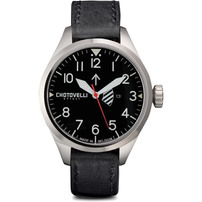 Bracelet Montre Cuir Style Pilote - Noir Avec Surpiqûre Blanche