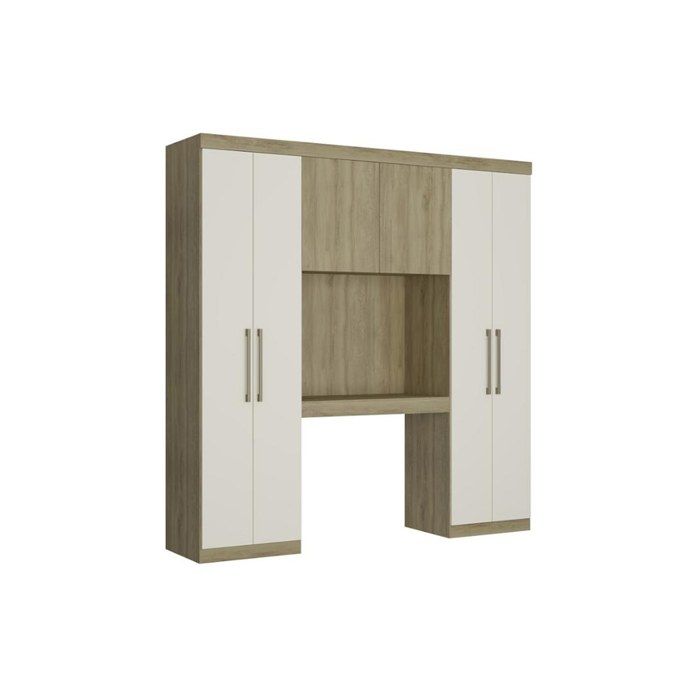 Pont de lit ANTERO II - 6 portes - Avec armoires et rangements - L.200 cm - Chêne et Ivoire