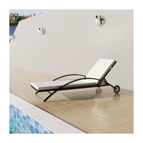 chaise longue avec coussin et roues - vidaxl - résine tressée noir - jardin - meuble de jardin - contemporain