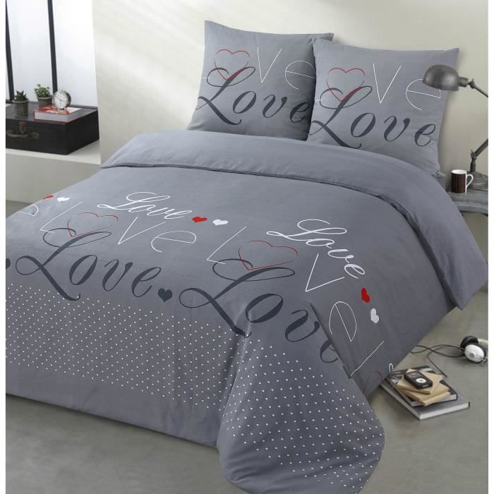 VISION - FLANELLE Love gris - Parure de lit housse de couette 260x240cm avec 2 taies - 100% coton flanelle