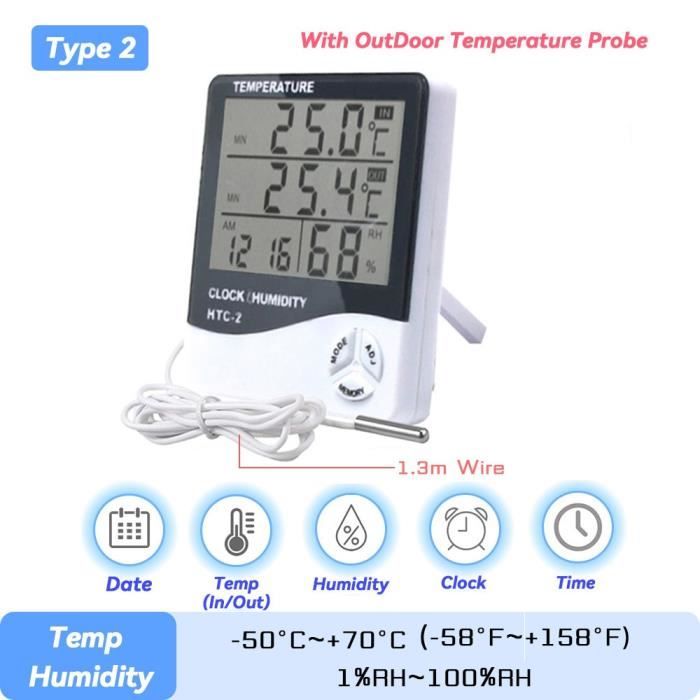 Thermomètre Hygromètre Numérique HTC-1 – Température & Humidité – Réveil, Calendrier, Mémoire Min/Max – Pile AAA - 7