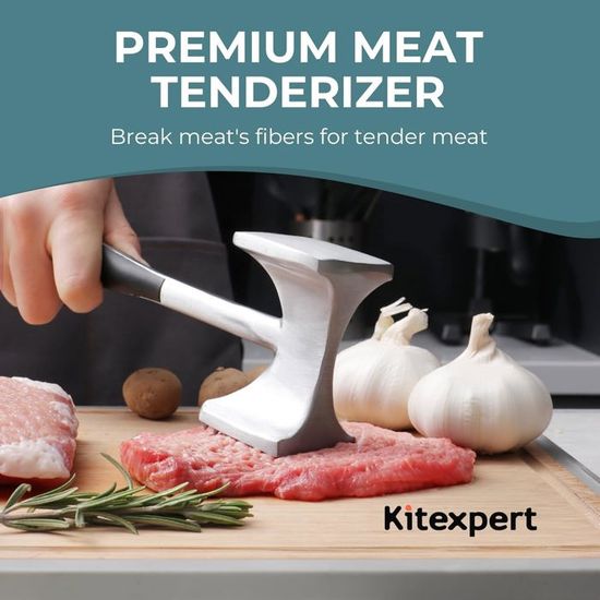 Attendrisseur à Viande Professionnel Marteau Double Face Acier Inox Poignée Bois - 29x5.7x5 Cm