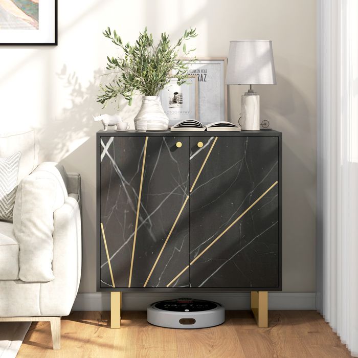 HOMCOM Buffet Contemporain Graphique 2 Placards - Meuble Rangement Noir Métal Doré