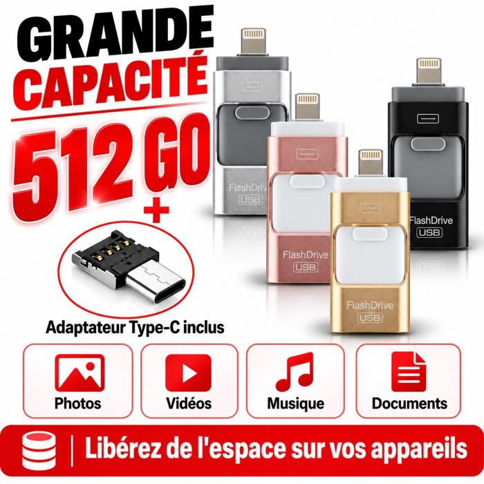 Clé USB 3.0 256 Go Compatible IPhone Et Android - Stockage Extensible, 4-en-1 (Lightning, USB-C, USB-A, Micro-USB)