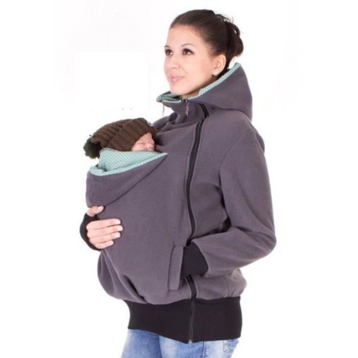 Pull Vêtement Veste capuchonné Kangourou avec Zipper Porte-bébé