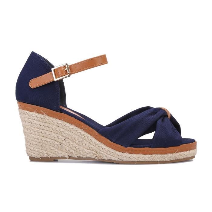 Sandales compensees LA MODEUSE Tissu bleu Talon compense Bride ajustable Femme Bleu Cdiscount Chaussures