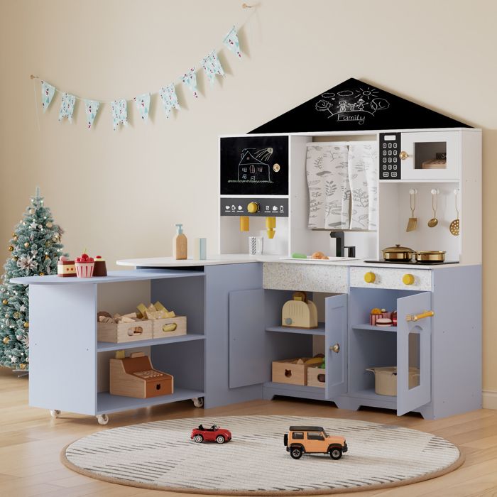 deAO 54 Pièces Cuisine Enfant Interactive, Dinette Enfant avec Micro-Ondes, Frigo, Four et Hotte Aspirante, Kit Cuisine pour Enfants avec Lumières, Trois Hauteurs Réglables (Vert