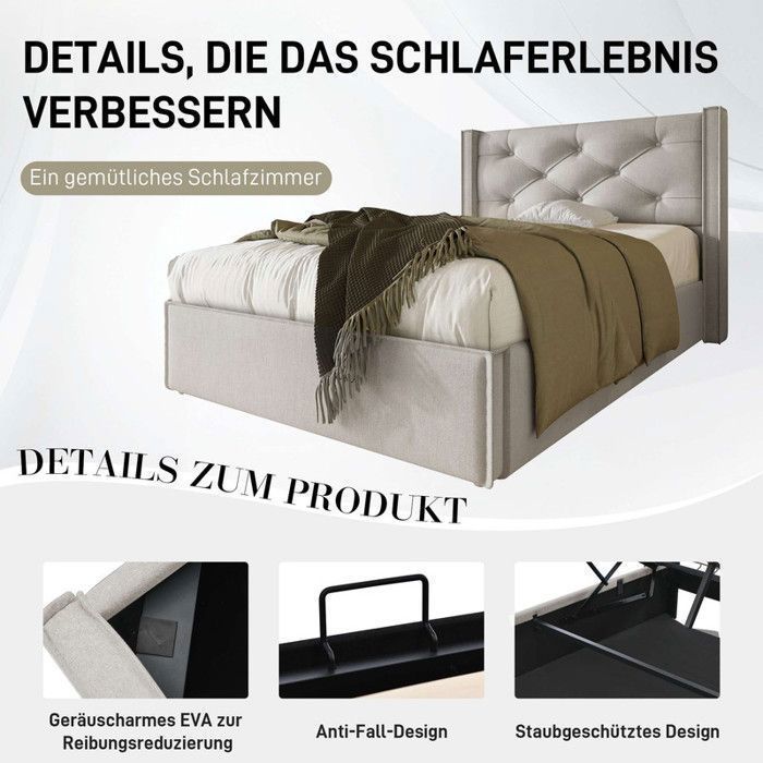 Lit Coffre 90x200cm Blanc, Lit Adulte Rembourré Simple, LED, USB Type-C, PU, Sans Matelas