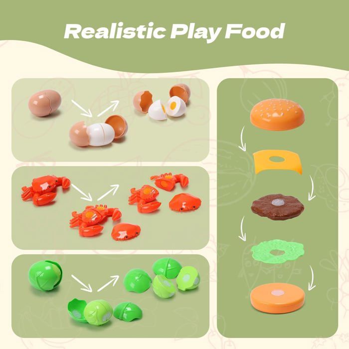CUTE STONE 51 Pièces Cuisine Miniature Pour Enfant – Casseroles, Ustensiles, Fruits/légumes à Découper, Jeu éducatif