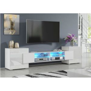 MEUBLE TV Meuble TV - PABLO - Blanc Mat et Blanc Laqué - 230 cm - 2 placards et 2 niches