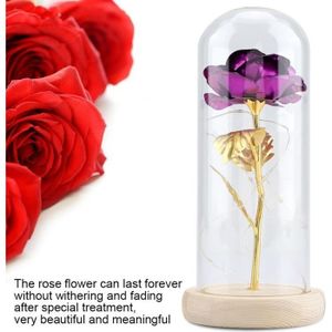 Rose Éternelle Pétale Violet Plaqué Or Fleur Séchée Artificielle avec Dôme à LED 