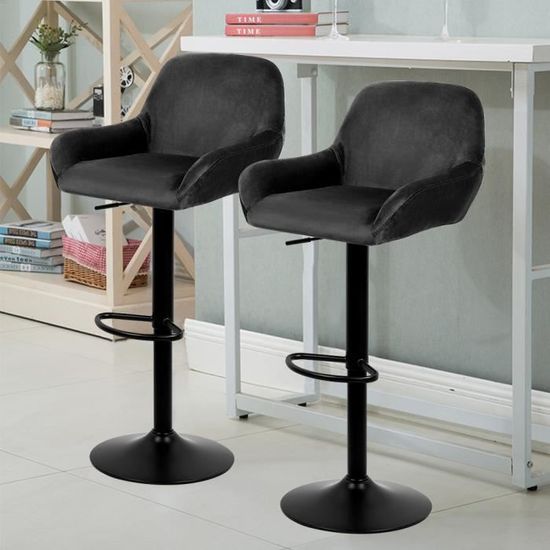Tabouret De Bar Réglable Hover - Dossier Rembourré Velours, Pivotant 360°, Hauteur 59-80cm, Noir