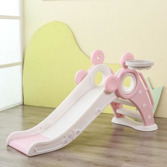 Toboggan 8-en-1 Pour Enfant Avec Panier De Basket, Rangement Intégré Et échelle Antidérapante – Gris Rose, Intérieur/extérieur