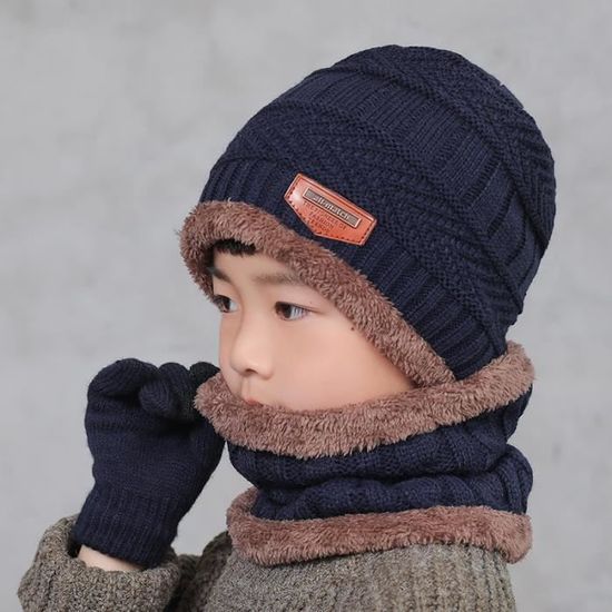 Ensemble Bonnet écharpe Gants Enfant IBLUELOVER - Laine Et Polaire, Pompon, Pour Ski Et Hiver