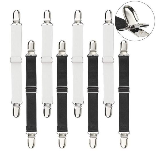 KAKOO Attache Draps de Lit, 8 Pcs Sangle de Maintient de Draps Réglable Bretelles Fixe Draps Élastiques avec Pinces pour Drap Housse