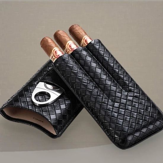CIGARLOONG Étui Cuir 3 Cigares + Coupe-Cigare Inox – Voyage Portable – Noir – Capacité 55 Ring Gauge