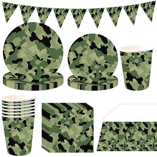 66 Pièces Fournitures de Fête d'anniversaire,Vaisselle Militaire Camouflage  Assiette Carton Gobelet Serviette en Papier Pennant A411