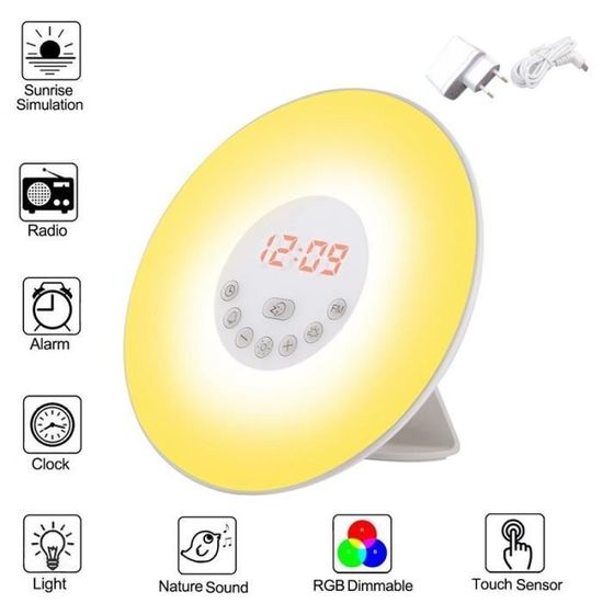 Réveil Simulateur D'aube Grundig - Lumière Progressive, 10 Sons Naturels, Radio FM, LEDs Colorées - Fonction Snooze Et Minuterie - Alimentation USB