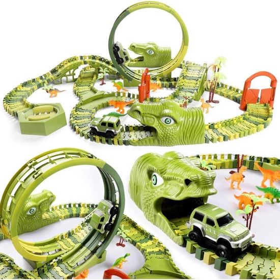 Burgkidz Pistes de Course de Dinosaures Jeu de Jouets de Véhicules, 387 Pièces de Voies Flexibles avec 2 Voitures de Course et 6 Jouets de Dinosaures