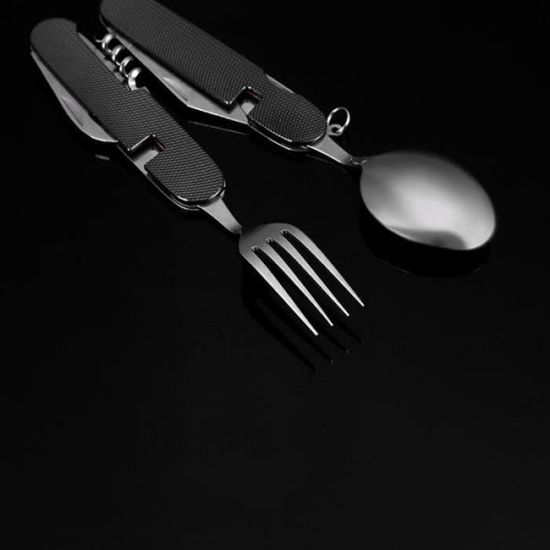 IY07743-6 en 1 en acier inoxydable pliant couverts cuillère fourchette couteau ensemble randonnée pique-nique batterie de cuisine