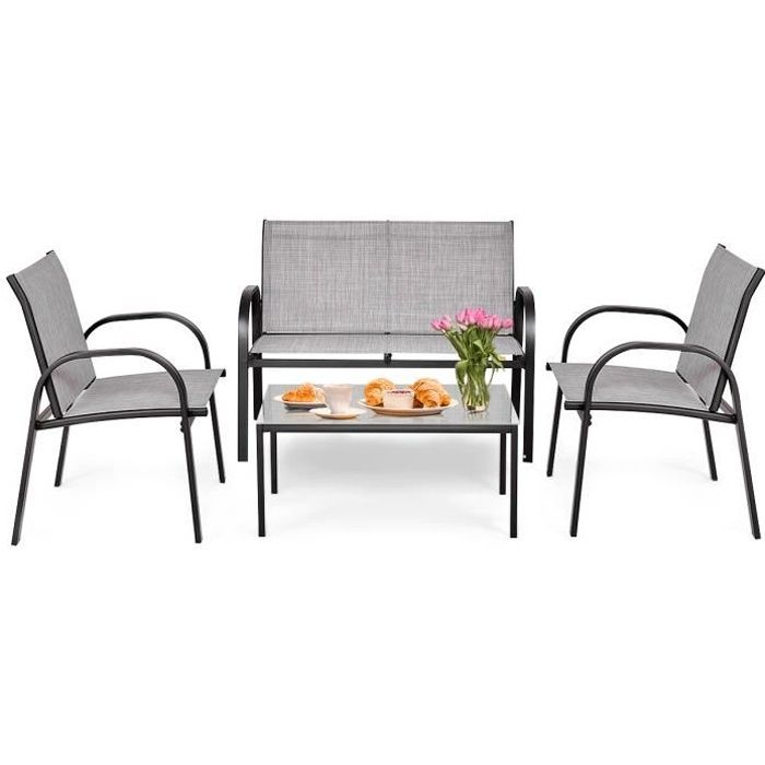 COSYWAY Ensemble Salon de Jardin 4 Places, 2 Fauteuils, 1 Canapé et 1 Table Basse en Verre, Tissu en Textilene Anti-UV, Gris