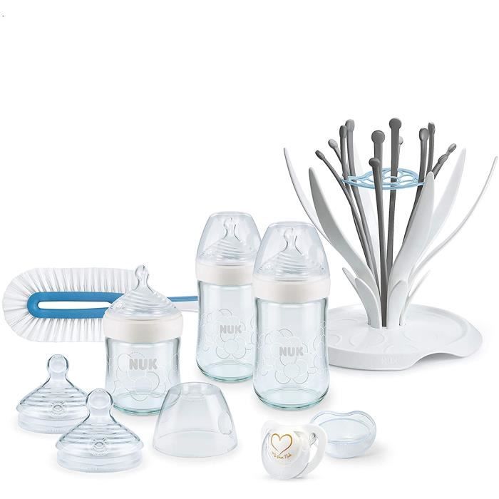 NUK Kit Biberons en Verre Nature Sense (150ml x1 et 240ml x2) avec Egouttoir Biberon, Sucette, Goupillon et Accessoires