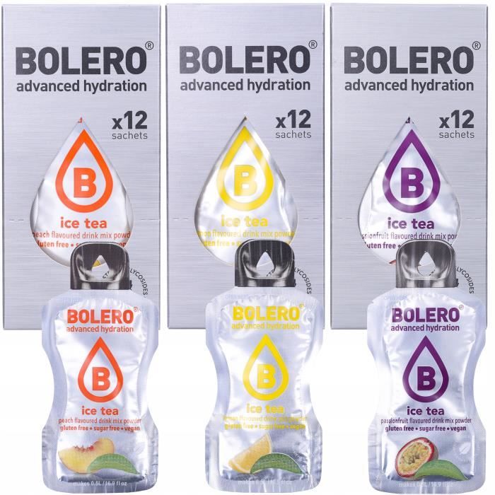 Bolero Sticks Boisson Isotonique Pour Personnes Actives Thé Glacé Pêche / Fruit De La Passion / Citron 36 Sachets