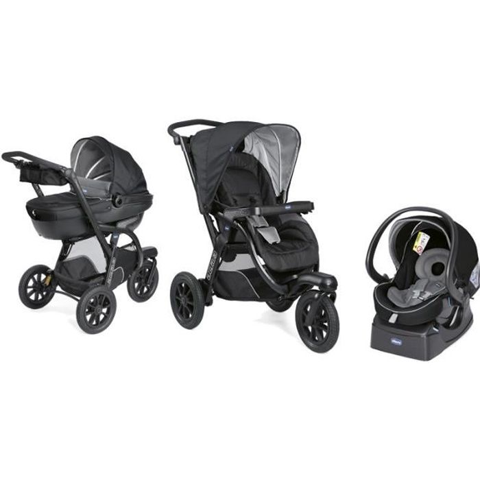 CHICCO Poussette combinée Activ3 Top - Siège auto groupe 0+ et base - 0-36 mois - Dossier + guidon réglable - Noir Jet