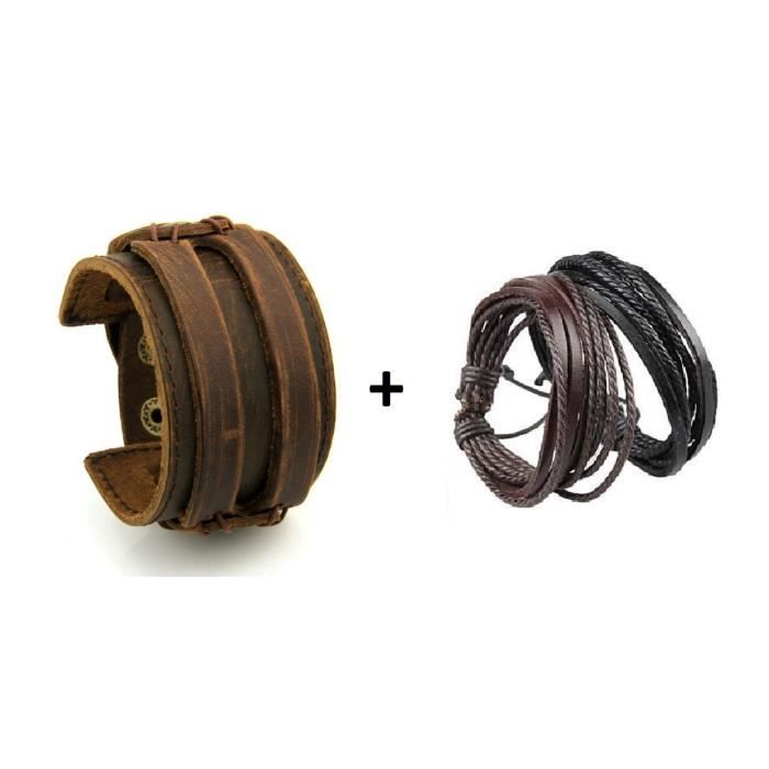 lot de 3 BRACELETS CUIR HOMME 1 MANCHETTE FORCE BRUN MARRON ANTIQUE USED VIEILLI ROCK + 2 bracelets cuir multi-brins noir et marron