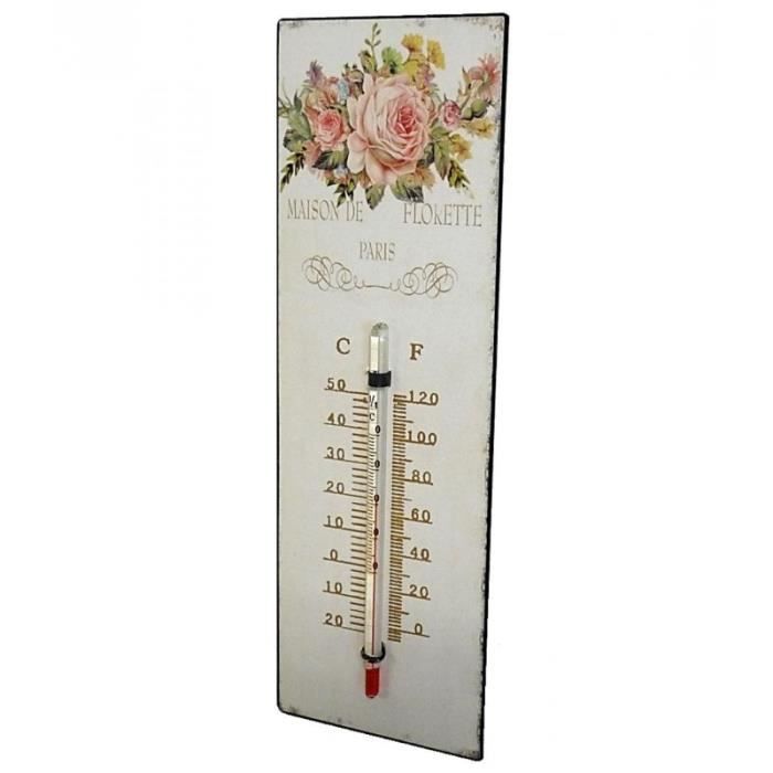 Thermomètre Mural Décoratif en Celsius et Farenheit ou à Poser Motif 'Floral à l'Ancienne' en Fer et Papier Vernis 0,5x8x25cm