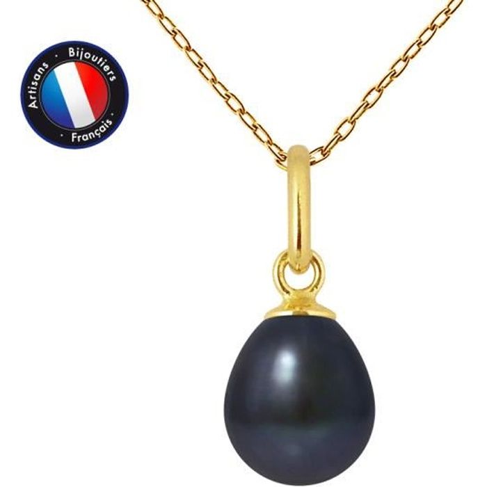 PERLINEA - Pendentif - Véritable Perle de Culture d'Eau Douce Poire 7-8 mm Noire - Or Jaune - Chaîne Offerte - Bijoux Femme