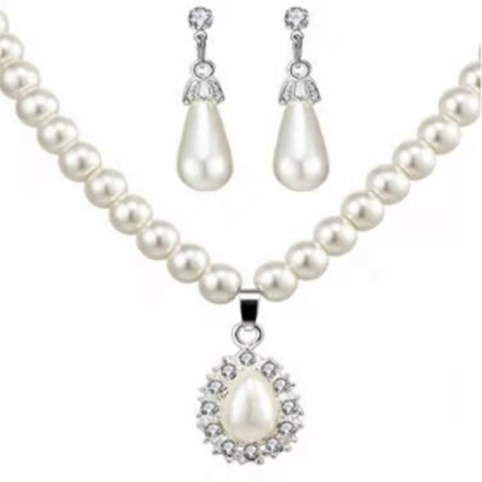 Parure Bijoux , Femme Collier + Boucle D'Oreille RMEGA , élégant , Coffret Cadeau Pour Saint Valentin - Blanc